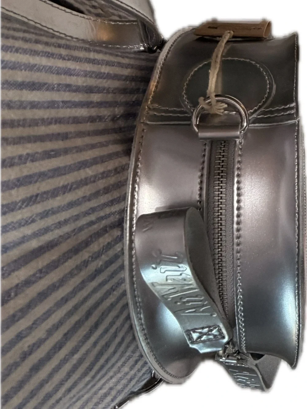 Metallic Silver Round Backpack/Crossbody Bag with Logo
